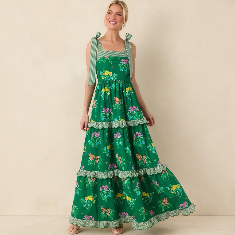 PROSPERINA JULIETTE GREEN MULTI FLORAL COTTON MAXI DRESS Sz XS NWOT